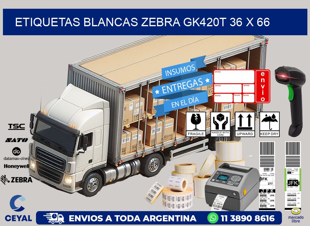 ETIQUETAS BLANCAS ZEBRA GK420T 36 x 66