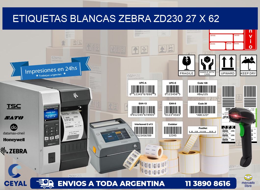 ETIQUETAS BLANCAS ZEBRA ZD230 27 x 62