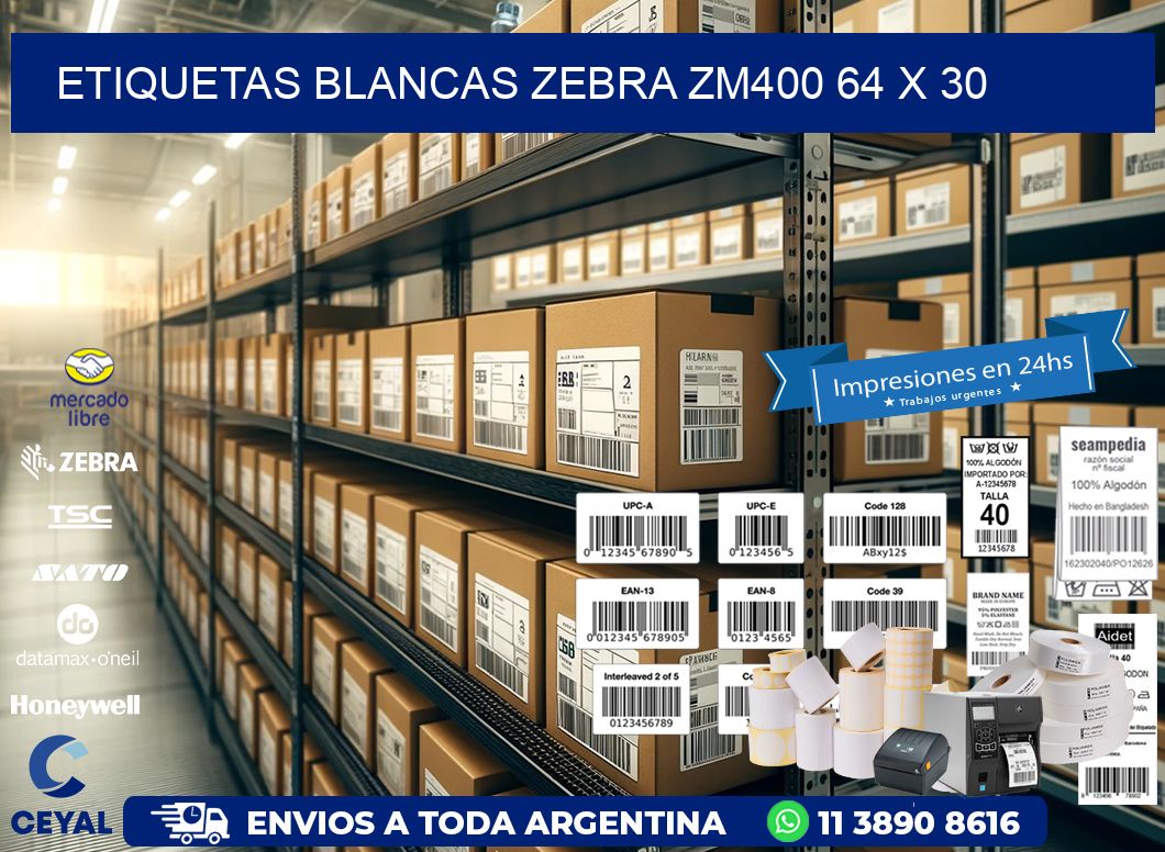 ETIQUETAS BLANCAS ZEBRA ZM400 64 x 30