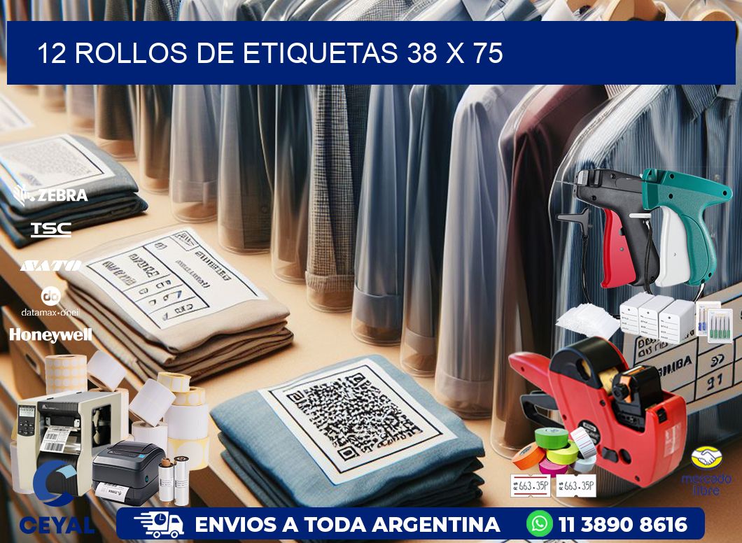 12 ROLLOS DE ETIQUETAS 38 x 75