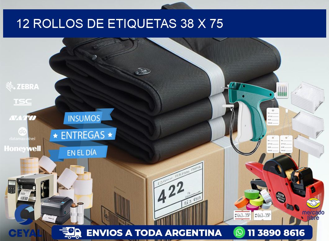 12 ROLLOS DE ETIQUETAS 38 x 75