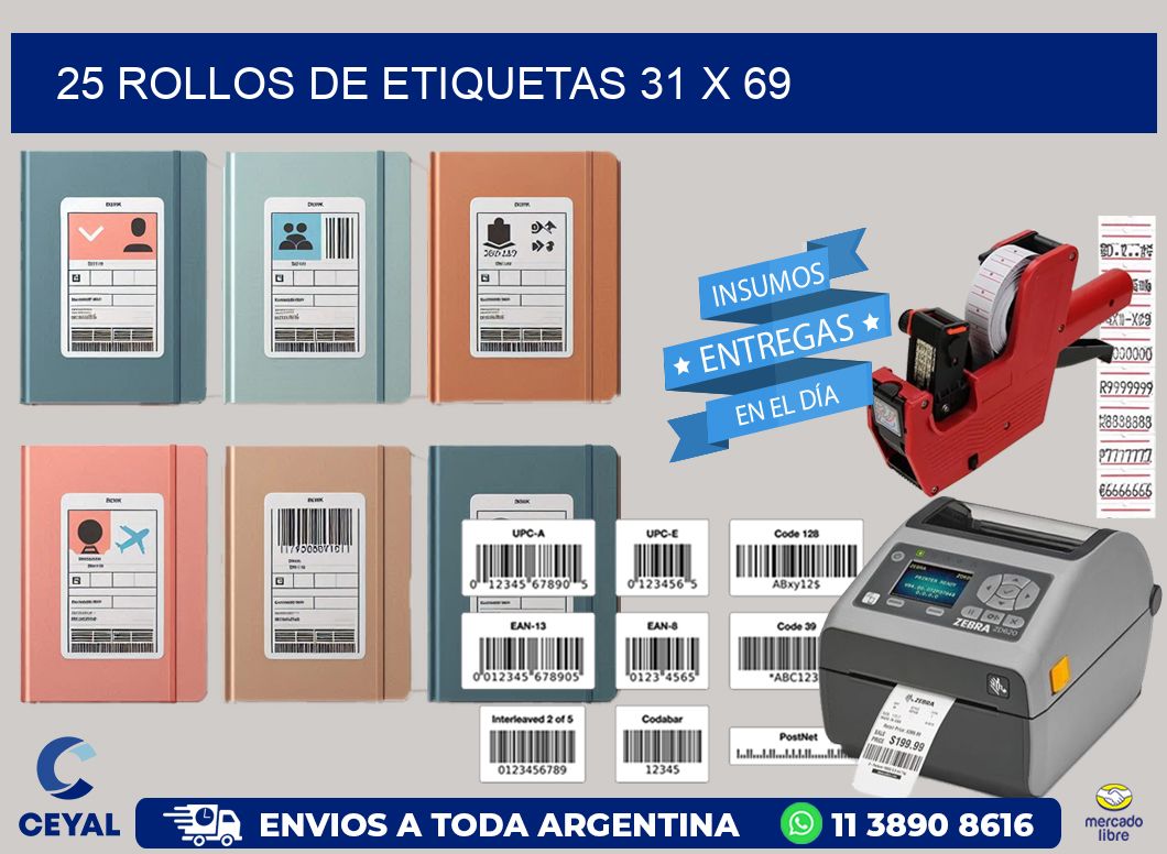 25 ROLLOS DE ETIQUETAS 31 x 69