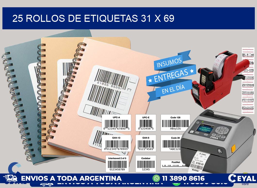 25 ROLLOS DE ETIQUETAS 31 x 69