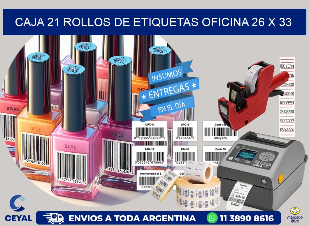 CAJA 21 ROLLOS DE ETIQUETAS OFICINA 26 x 33