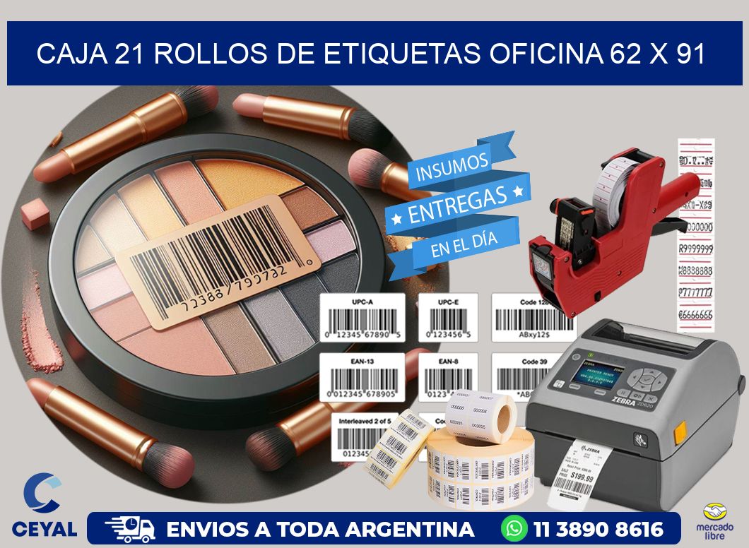 CAJA 21 ROLLOS DE ETIQUETAS OFICINA 62 x 91