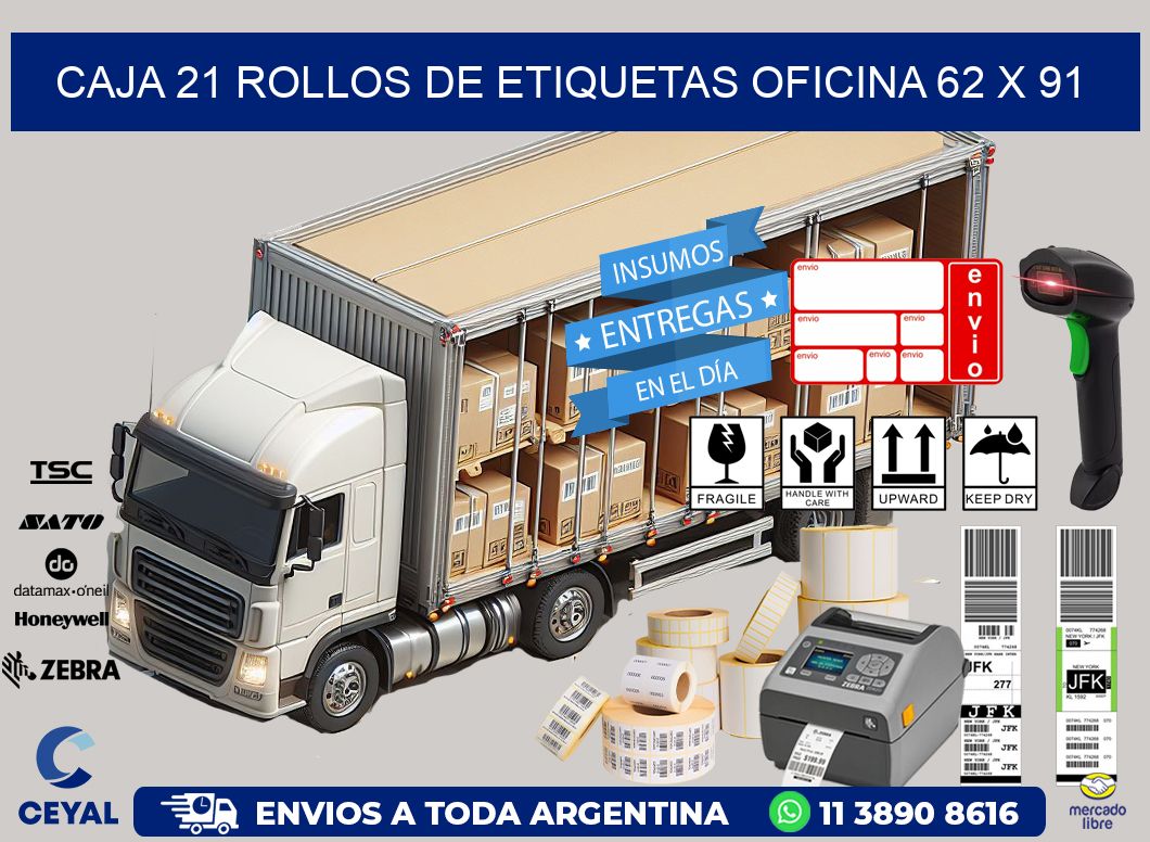CAJA 21 ROLLOS DE ETIQUETAS OFICINA 62 x 91