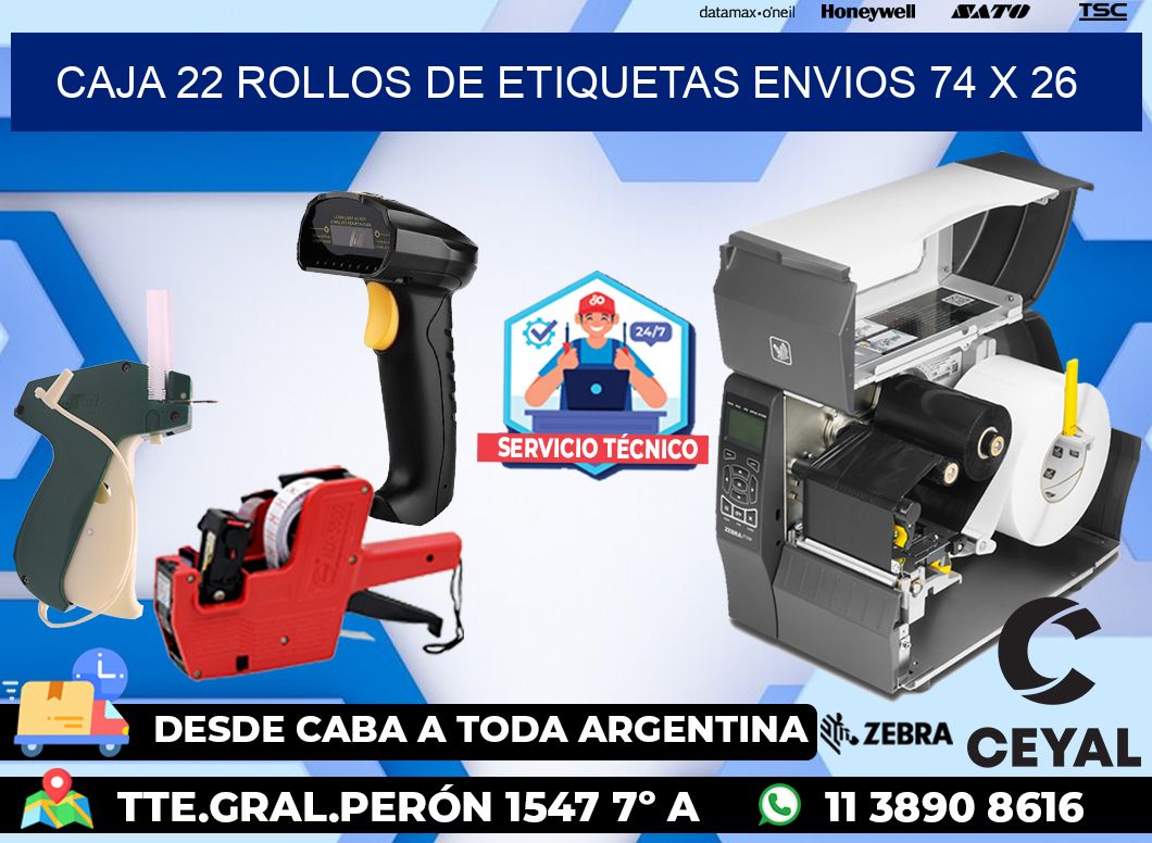 CAJA 22 ROLLOS DE ETIQUETAS ENVIOS 74 x 26