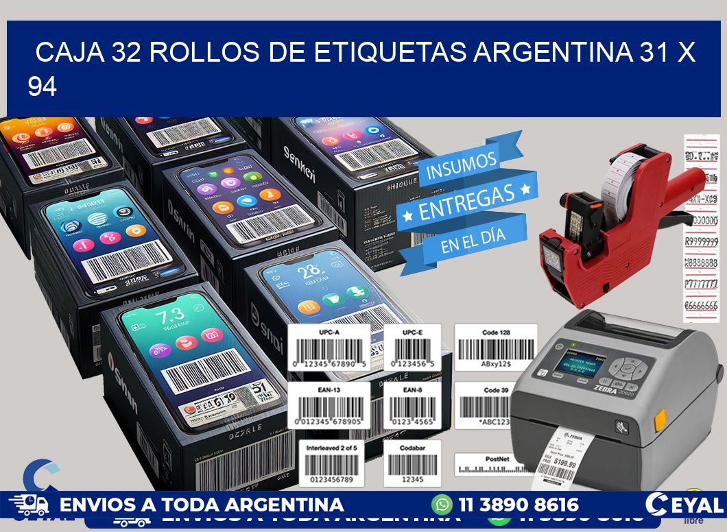CAJA 32 ROLLOS DE ETIQUETAS ARGENTINA 31 x 94