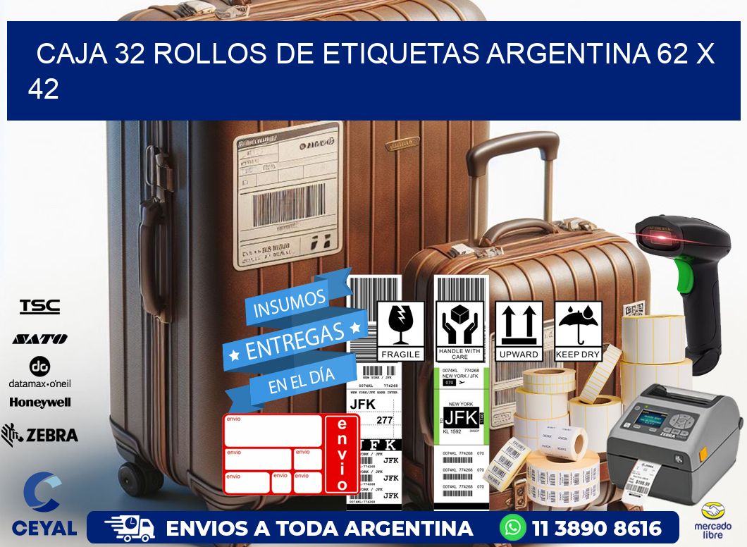 CAJA 32 ROLLOS DE ETIQUETAS ARGENTINA 62 x 42
