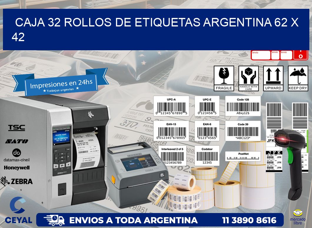 CAJA 32 ROLLOS DE ETIQUETAS ARGENTINA 62 x 42