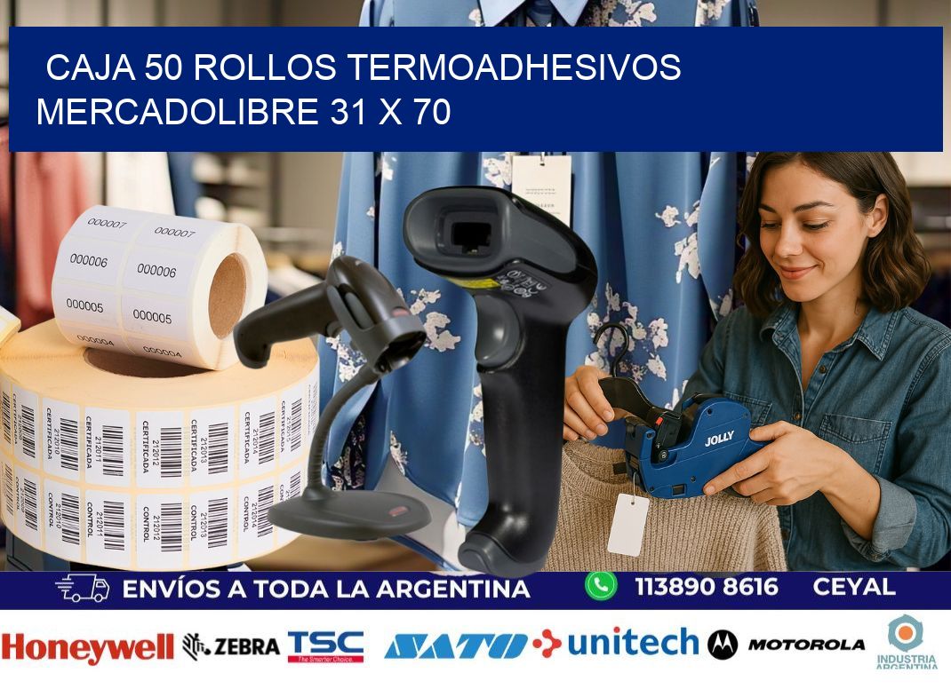 CAJA 50 ROLLOS TERMOADHESIVOS MERCADOLIBRE 31 x 70