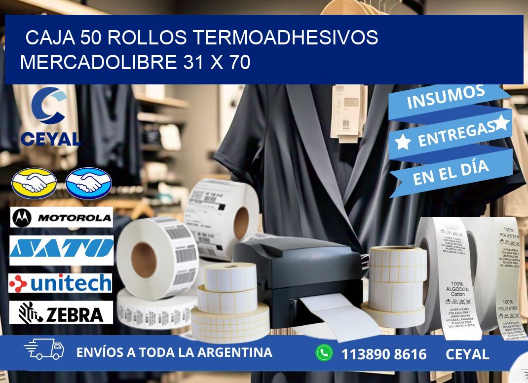CAJA 50 ROLLOS TERMOADHESIVOS MERCADOLIBRE 31 x 70