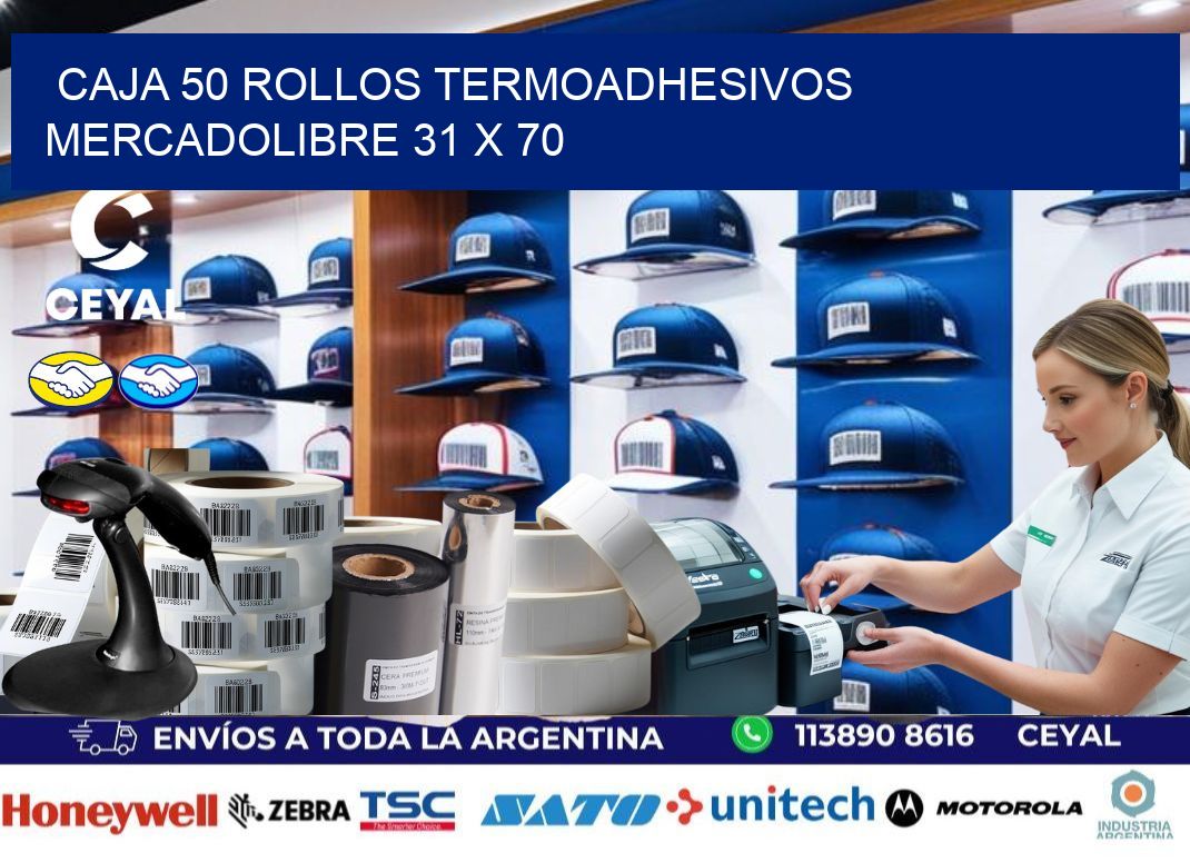 CAJA 50 ROLLOS TERMOADHESIVOS MERCADOLIBRE 31 x 70