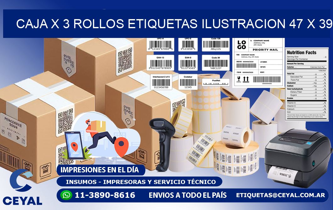 Caja X 3 Rollos Etiquetas Ilustracion 47 x 39