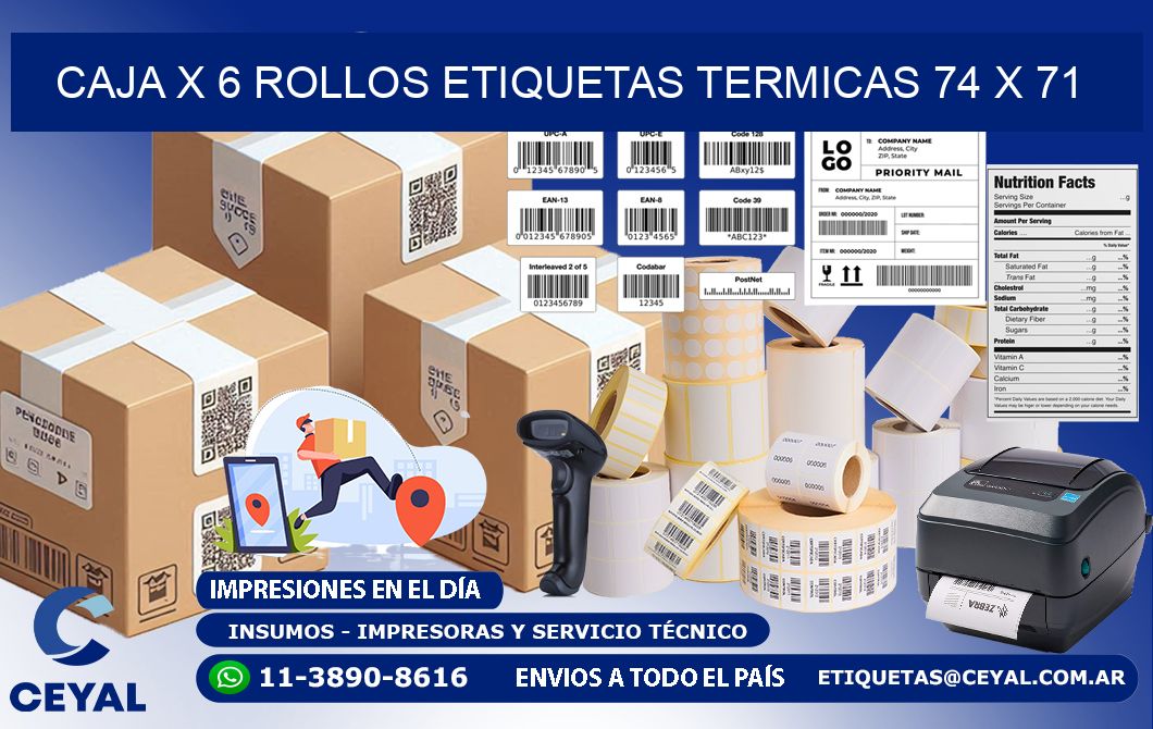 Caja X 6 Rollos Etiquetas termicas 74 x 71