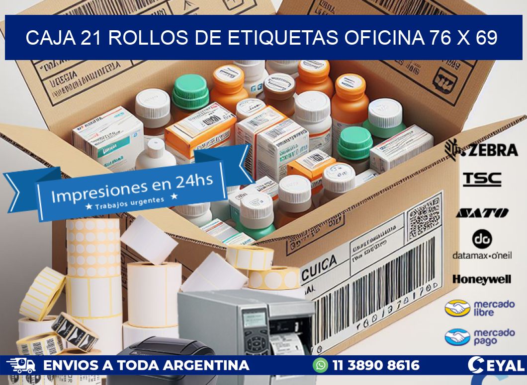 CAJA 21 ROLLOS DE ETIQUETAS OFICINA 76 x 69