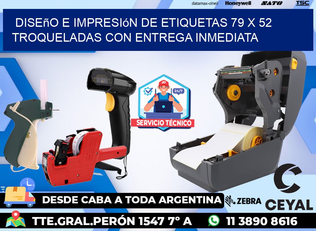Diseño e impresión de etiquetas 79 x 52 troqueladas con entrega inmediata