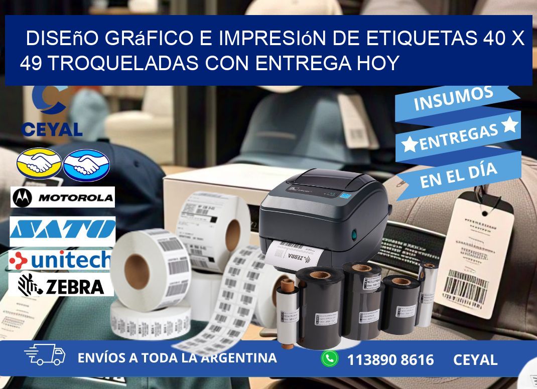 Diseño gráfico e impresión de etiquetas 40 x 49 troqueladas con entrega hoy