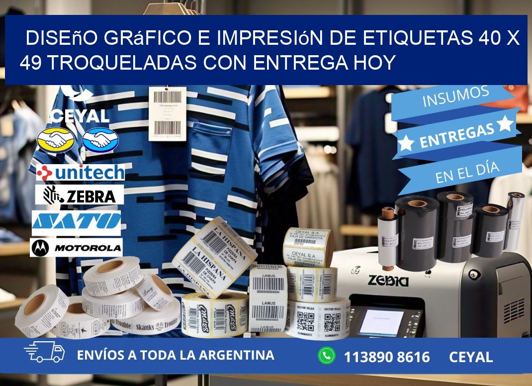 Diseño gráfico e impresión de etiquetas 40 x 49 troqueladas con entrega hoy