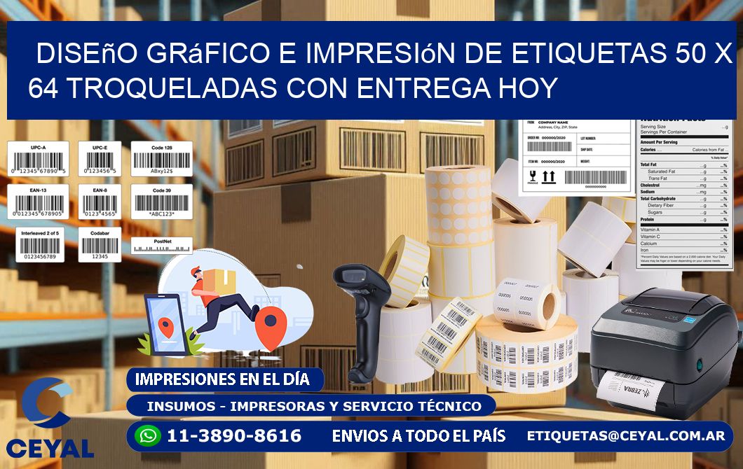Diseño gráfico e impresión de etiquetas 50 x 64 troqueladas con entrega hoy
