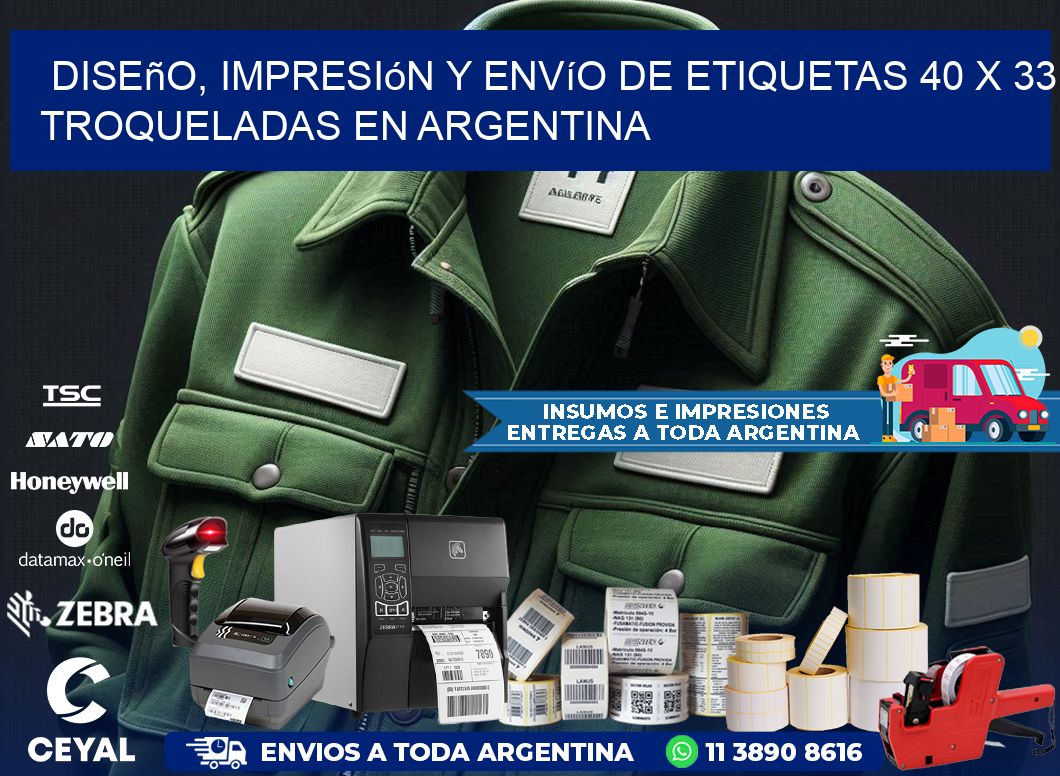 Diseño, impresión y envío de etiquetas 40 x 33 troqueladas en Argentina