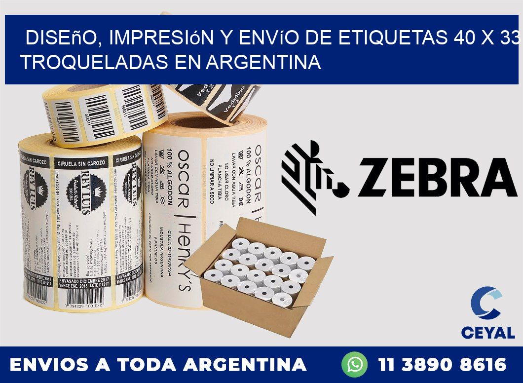 Diseño, impresión y envío de etiquetas 40 x 33 troqueladas en Argentina