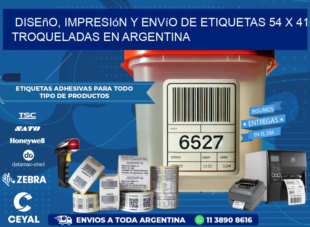 Diseño, impresión y envío de etiquetas 54 x 41 troqueladas en Argentina