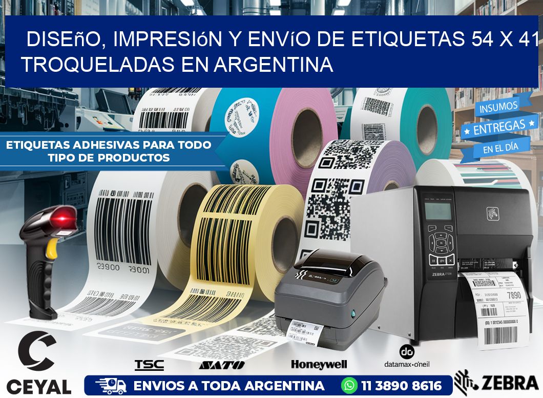Diseño, impresión y envío de etiquetas 54 x 41 troqueladas en Argentina