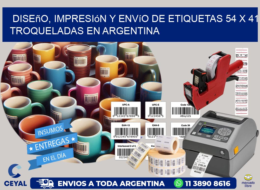 Diseño, impresión y envío de etiquetas 54 x 41 troqueladas en Argentina