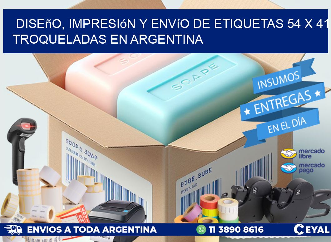 Diseño, impresión y envío de etiquetas 54 x 41 troqueladas en Argentina