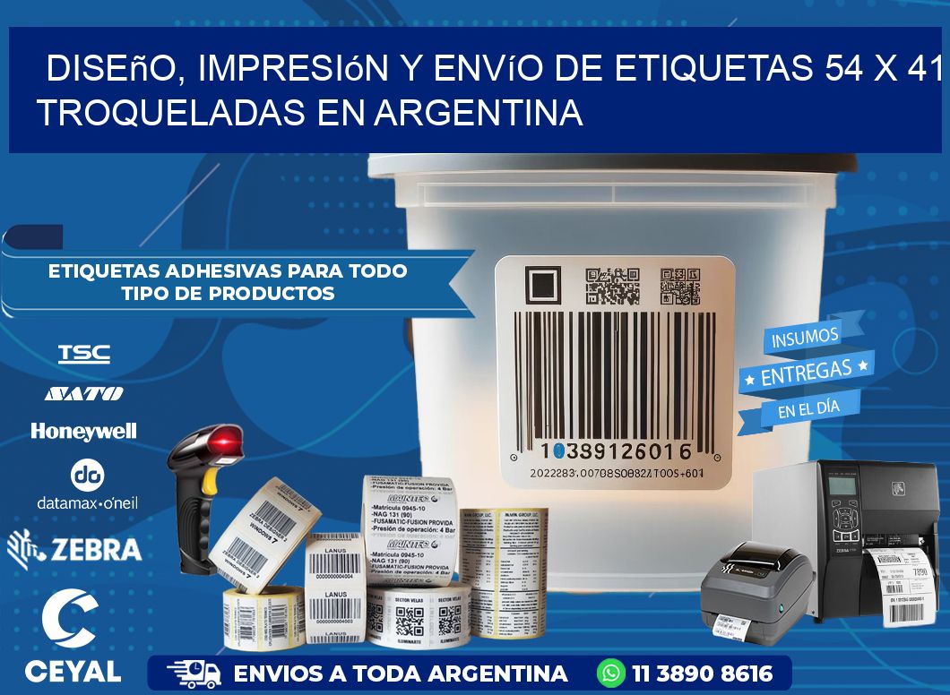 Diseño, impresión y envío de etiquetas 54 x 41 troqueladas en Argentina
