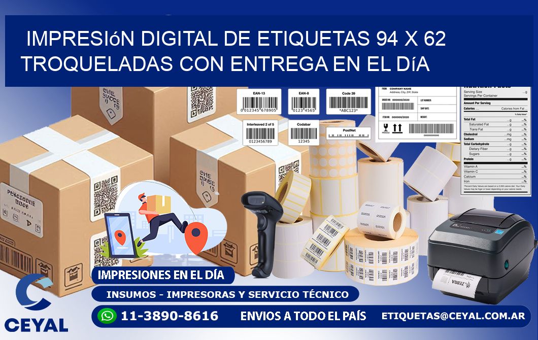 Impresión digital de etiquetas 94 x 62 troqueladas con entrega en el día