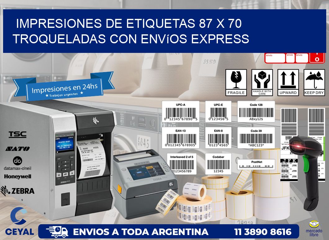 Impresiones de etiquetas 87 x 70 troqueladas con envíos express