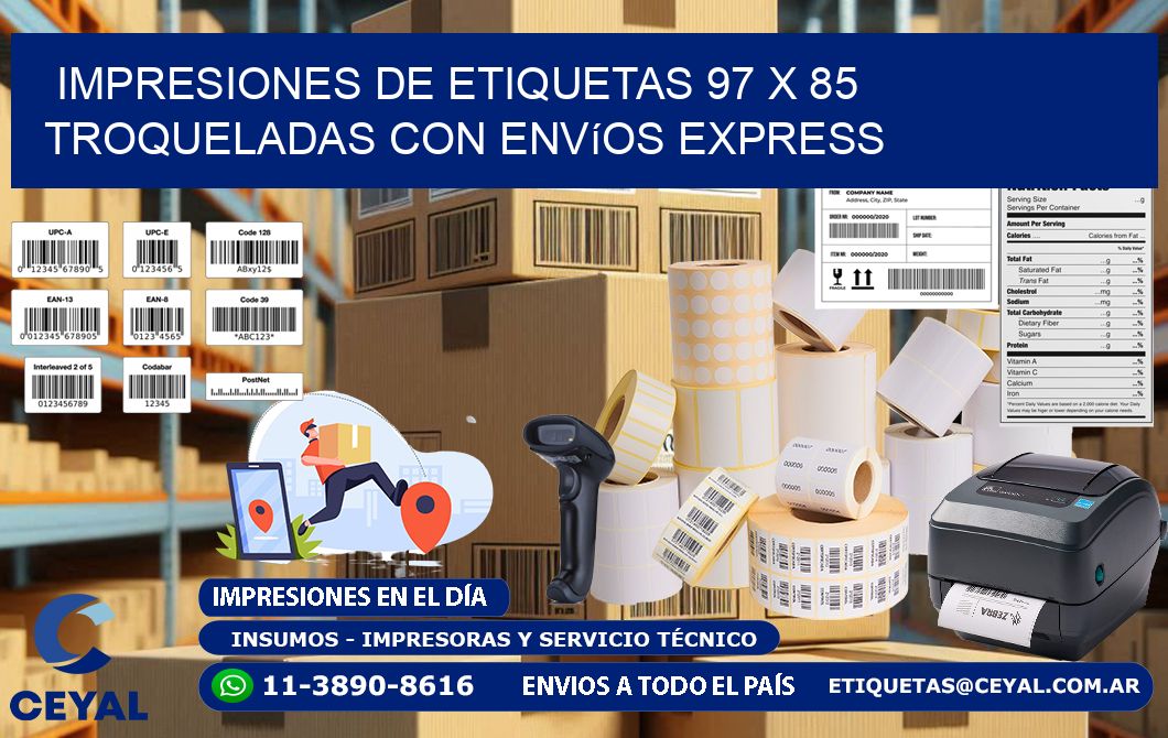 Impresiones de etiquetas 97 x 85 troqueladas con envíos express
