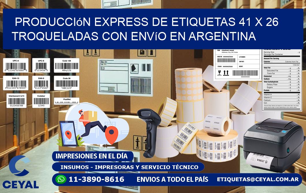 Producción express de etiquetas 41 x 26 troqueladas con envío en Argentina