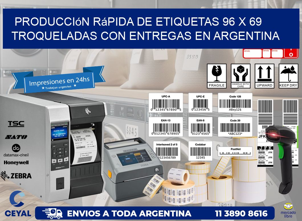 Producción rápida de etiquetas 96 x 69 troqueladas con entregas en Argentina