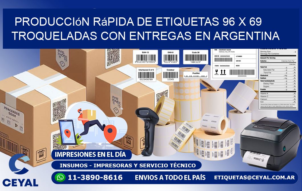 Producción rápida de etiquetas 96 x 69 troqueladas con entregas en Argentina