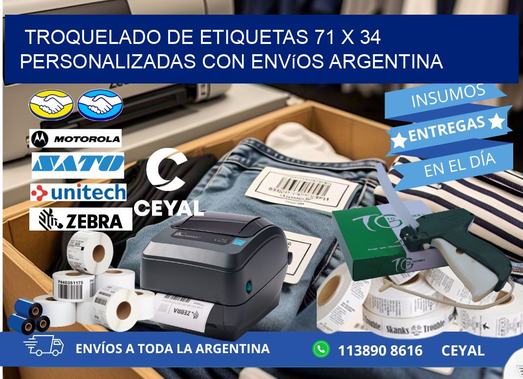 Troquelado de etiquetas 71 x 34 personalizadas con envíos Argentina