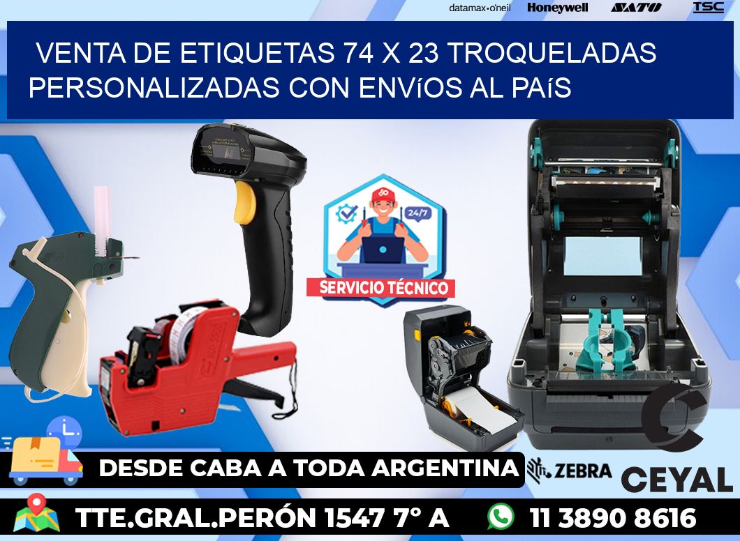 Venta de etiquetas 74 x 23 troqueladas personalizadas con envíos al país