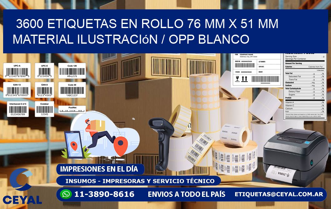3600 Etiquetas en rollo 76 mm x 51 mm material Ilustración / OPP Blanco
