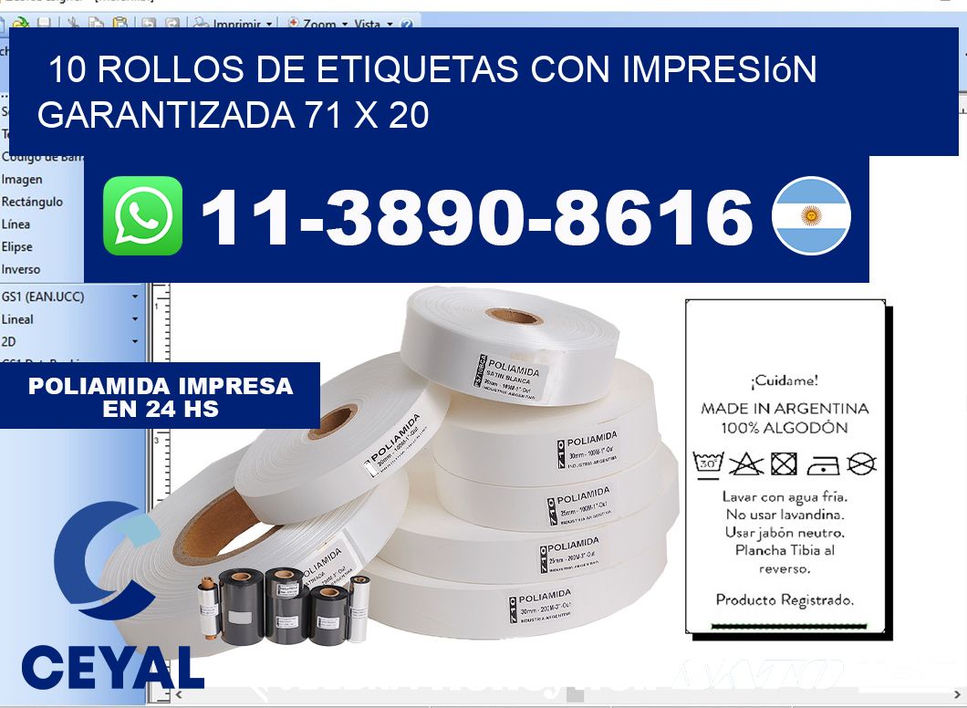 10 rollos de etiquetas con impresión garantizada 71 x 20
