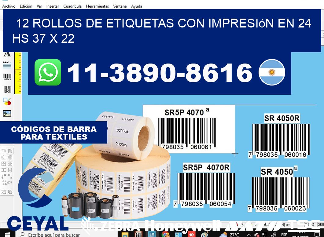 12 rollos de etiquetas con impresión en 24 hs 37 x 22