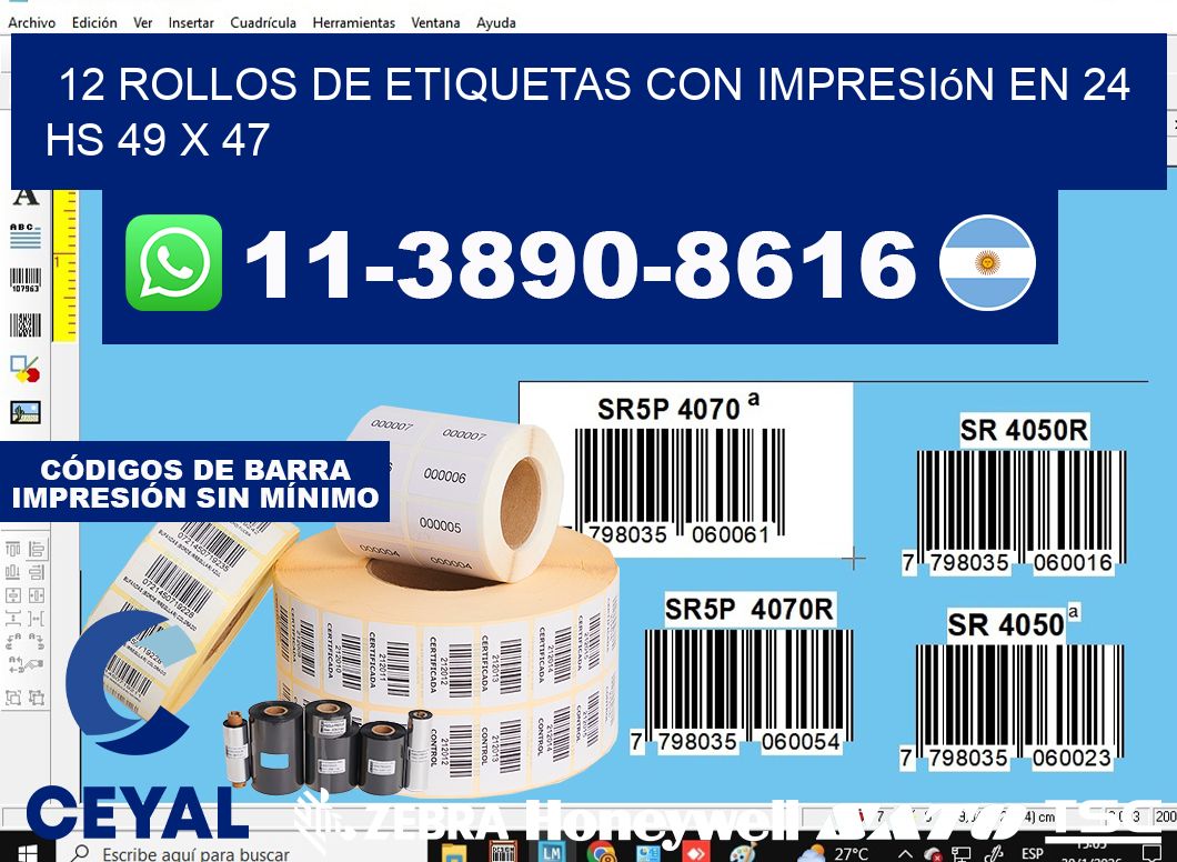 12 rollos de etiquetas con impresión en 24 hs 49 x 47