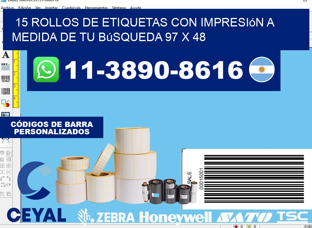 15 rollos de etiquetas con impresión a medida de tu búsqueda 97 x 48