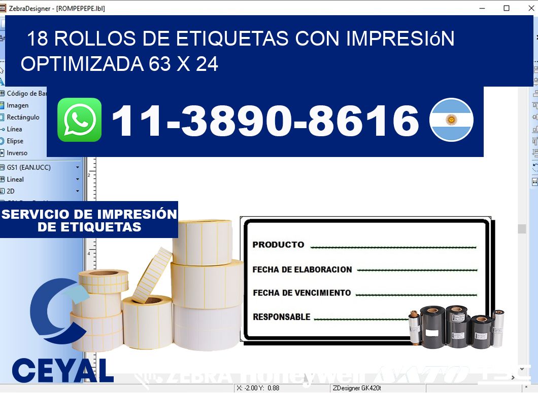 18 rollos de etiquetas con impresión optimizada 63 x 24