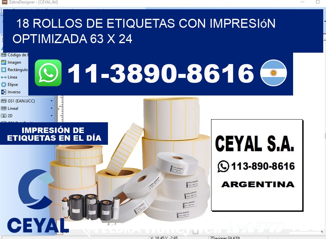 18 rollos de etiquetas con impresión optimizada 63 x 24