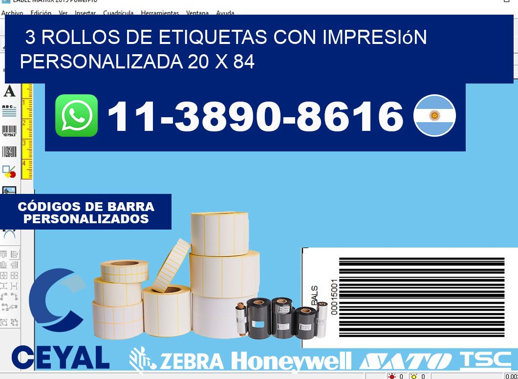 3 rollos de etiquetas con impresión personalizada 20 x 84