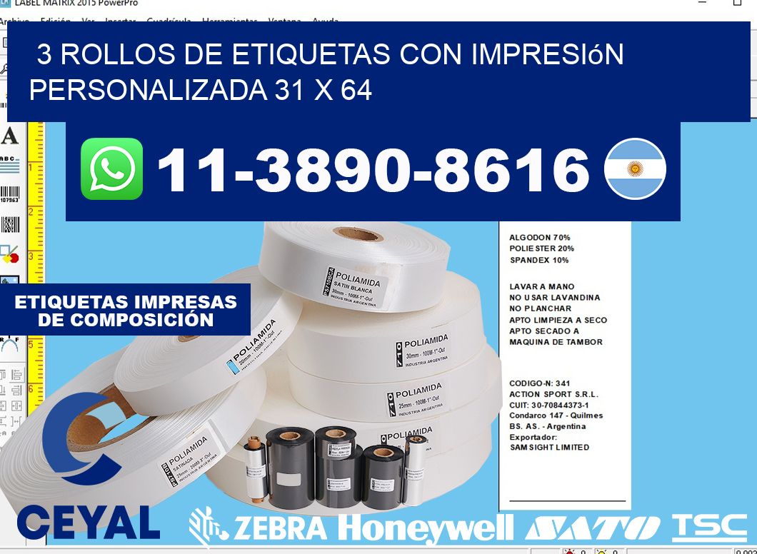 3 rollos de etiquetas con impresión personalizada 31 x 64