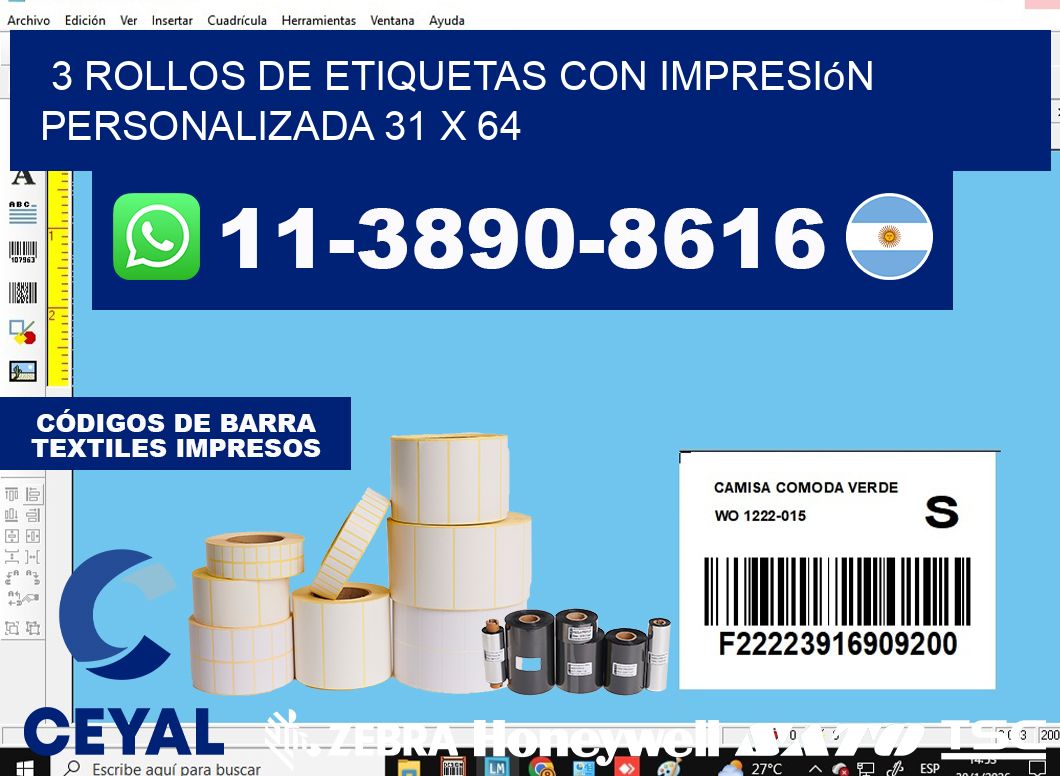 3 rollos de etiquetas con impresión personalizada 31 x 64