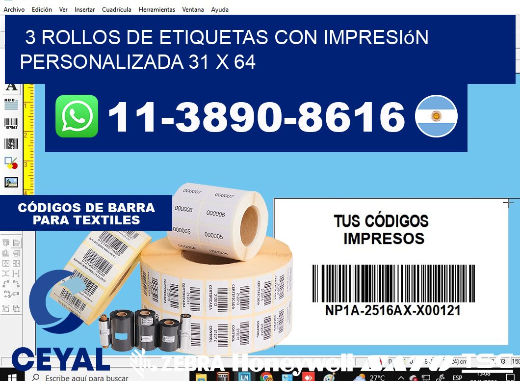 3 rollos de etiquetas con impresión personalizada 31 x 64